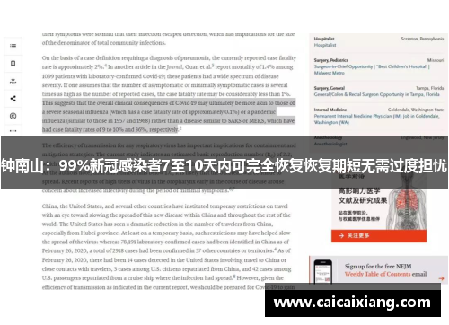 钟南山:99%新冠感染者7至10天内可完全恢复恢复期短无需过度担忧 钟南山:99%新冠感染者7至10天内可完全恢复恢复期短无需过度担忧